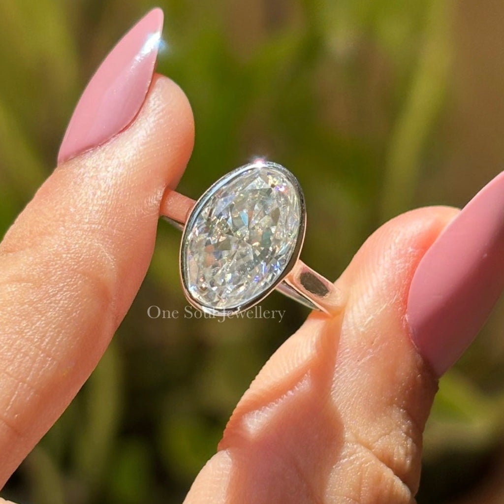 Bezel Set Oval Cut Moissanite Engagement Ring, Ice Crushed Oval Diamond Wedding Ring, Solitaire Proposal Ring, Cathedral Set, Gift for Her