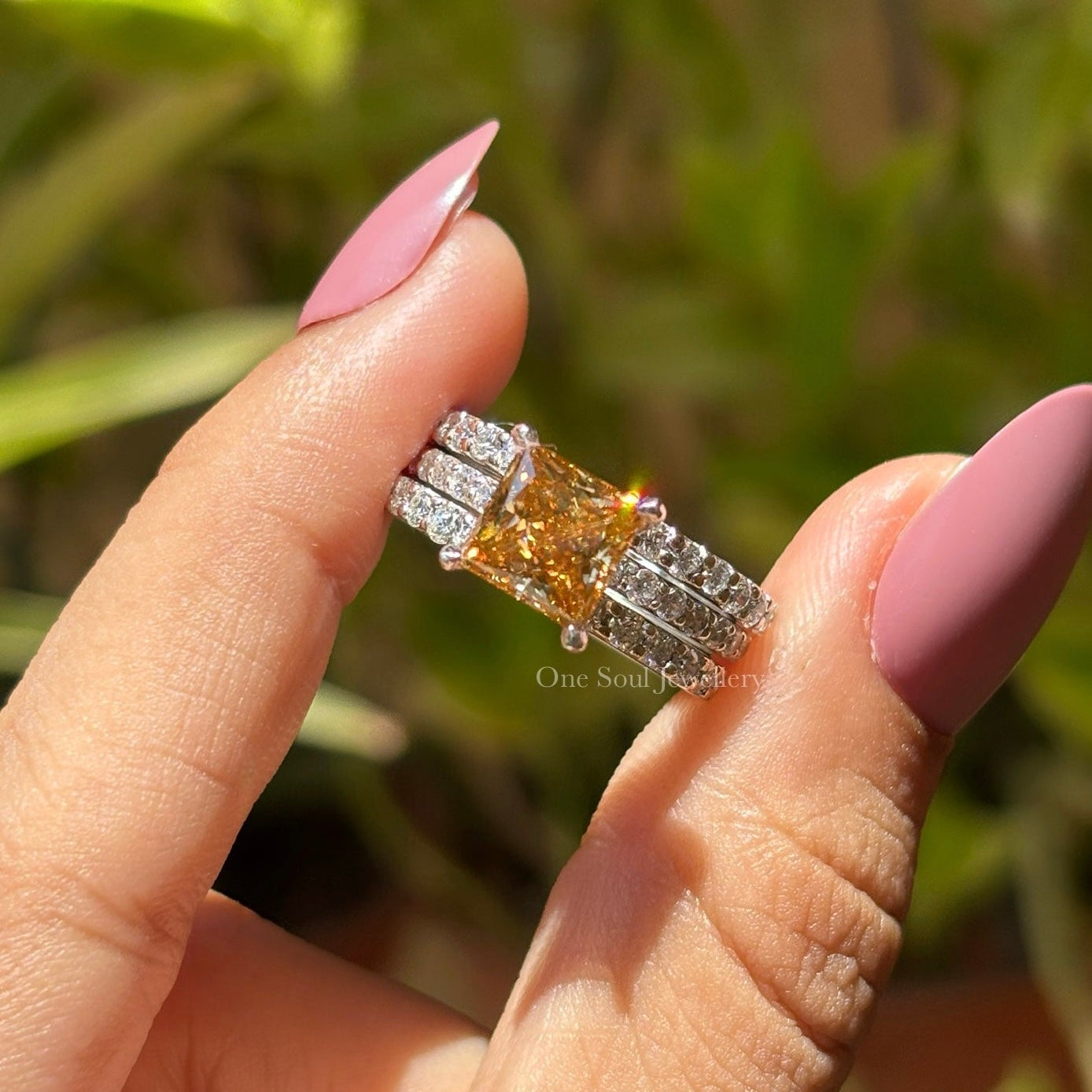 Champagne Princess Moissanite Bridal Ring Set, Eternity Matching Band, Engagement Ring with Wedding Band Set, Stackable Bands, 14K Gold Set