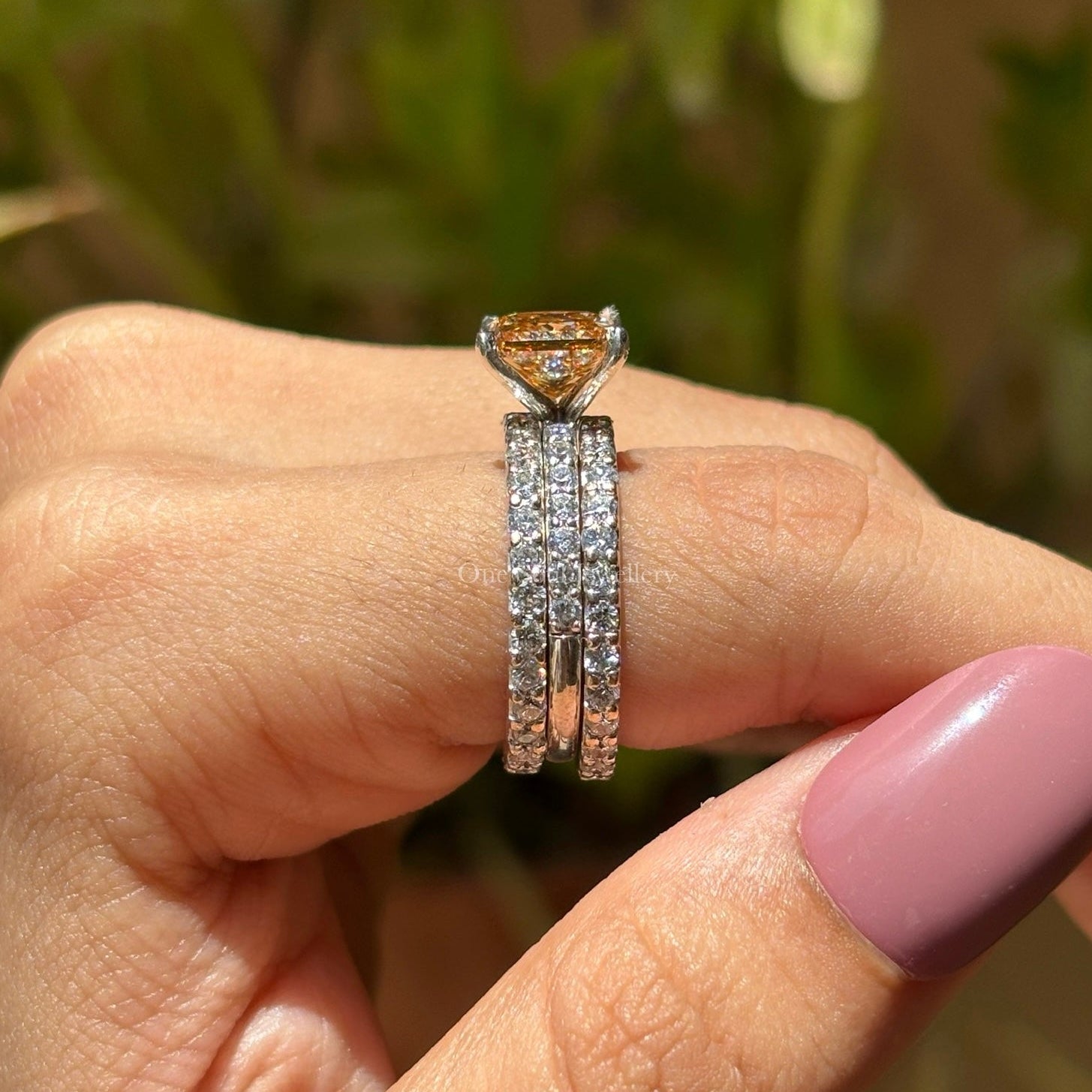 Champagne Princess Moissanite Bridal Ring Set, Eternity Matching Band, Engagement Ring with Wedding Band Set, Stackable Bands, 14K Gold Set
