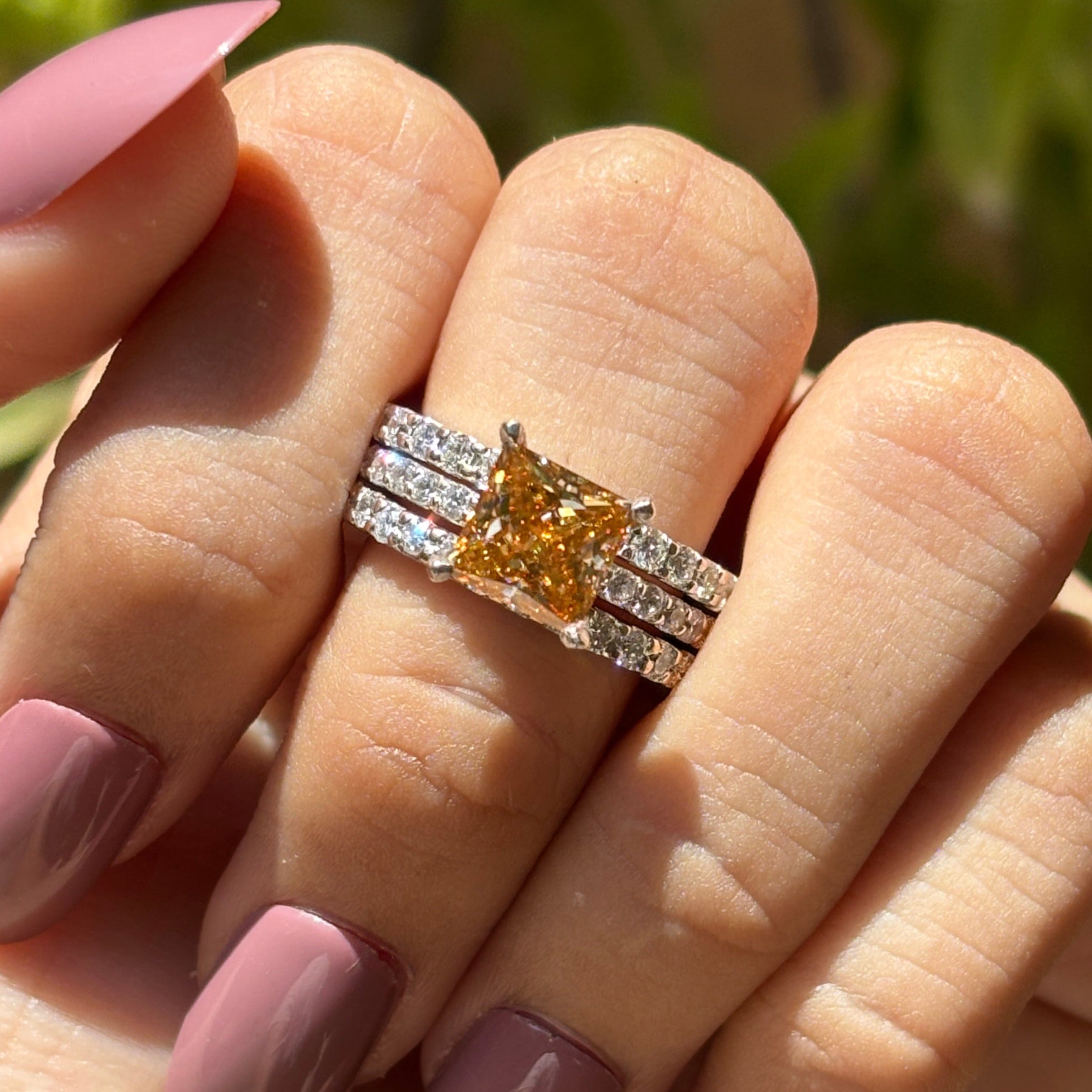 Champagne Princess Moissanite Bridal Ring Set, Eternity Matching Band, Engagement Ring with Wedding Band Set, Stackable Bands, 14K Gold Set