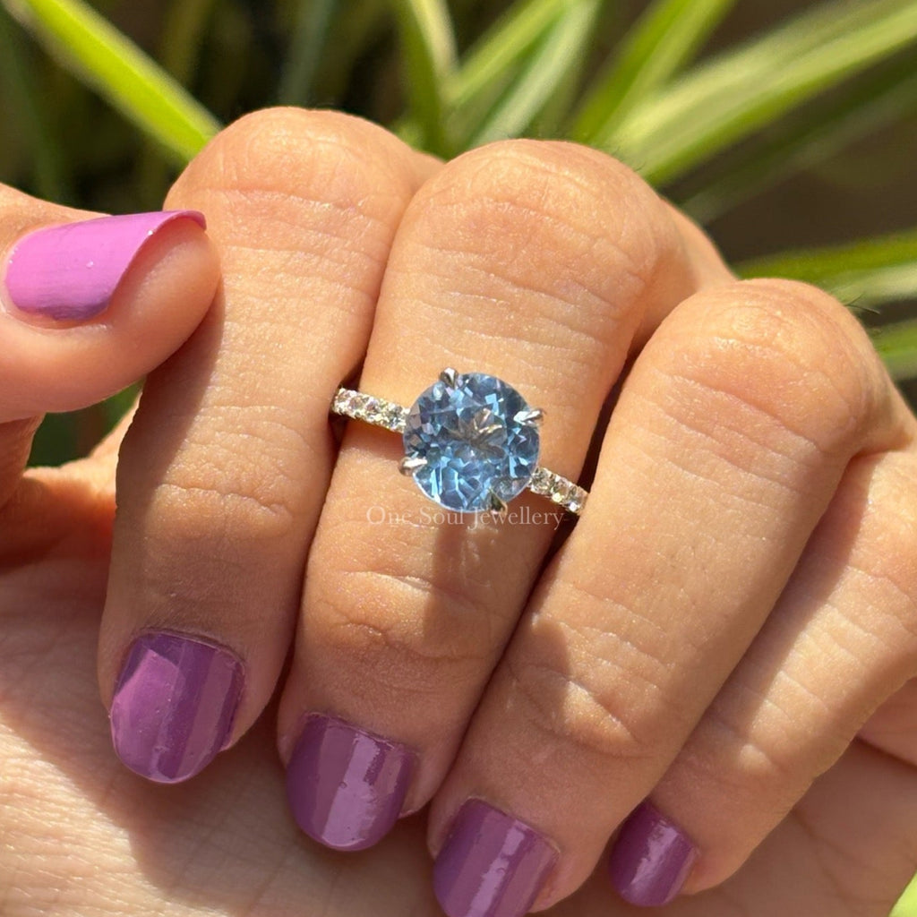 Round Aquamarine Engagement Ring, 4.00 CT Aquamarine Wedding Ring, Solitaire Proposal Ring, White Gold Ring, Celebrity Style Ring
