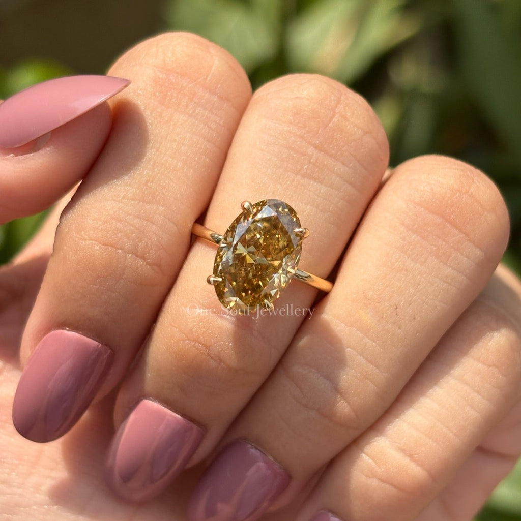 Oval Cut Yellow Moissanite Engagement Ring, Crushed Ice Oval Wedding Ring, Hidden Halo Ring, Oval Moissanite Solitaire Proposal Ring