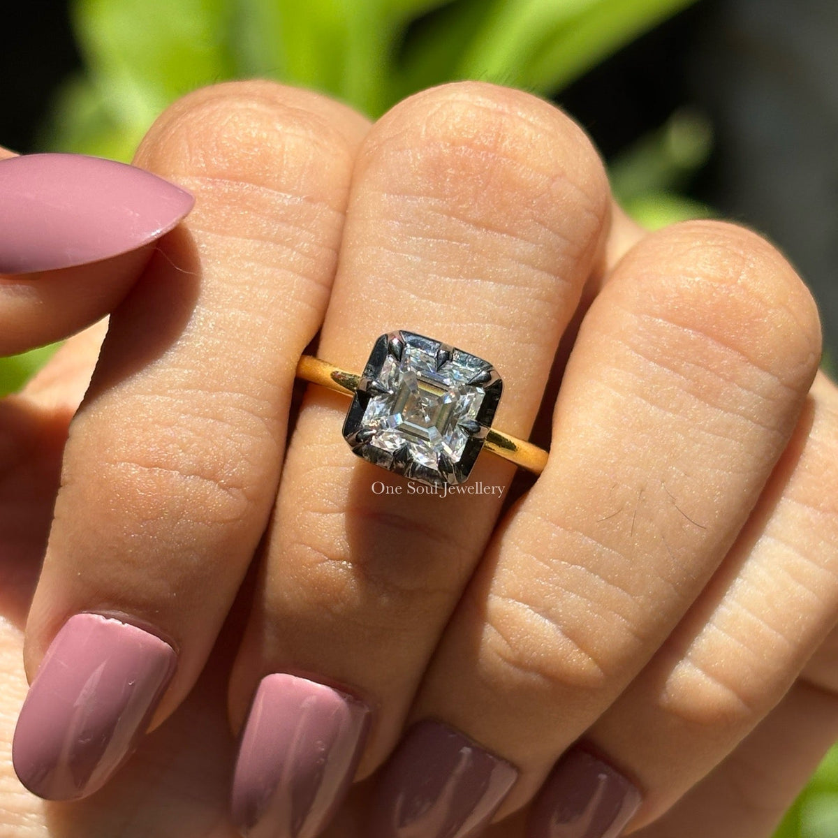 Asscher Moissanite Engagement Ring, Georgian Cut Down Button Back Ring, Vintage Bridal Ring, Solitaire Wedding Ring, Proposal Ring for Her