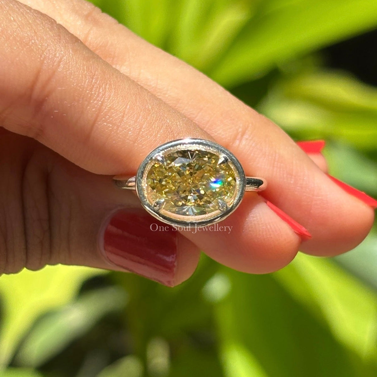 3.00 CT Oval Canary Yellow Moissanite Pave Dome Engagement Ring, Bezel SSet Wedding Ring, Solitaire Proposal Ring, Unique Art Deco Ring