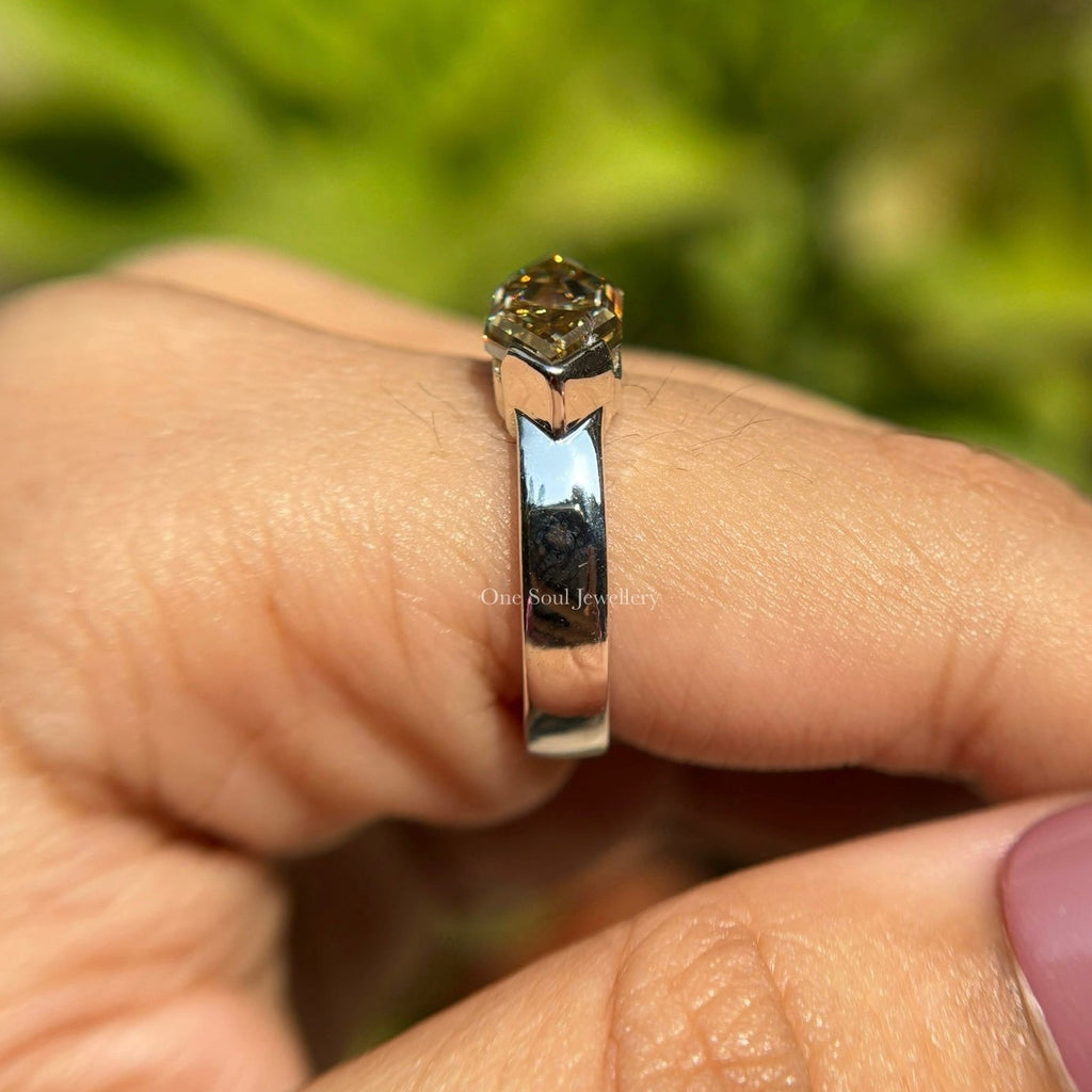 2.00 CT Dutch Marquise Yellow Moissanite Engagement Ring, East West Set Wedding Ring, Half Bezel Solitaire Ring, Wide Band Ring, V Prong