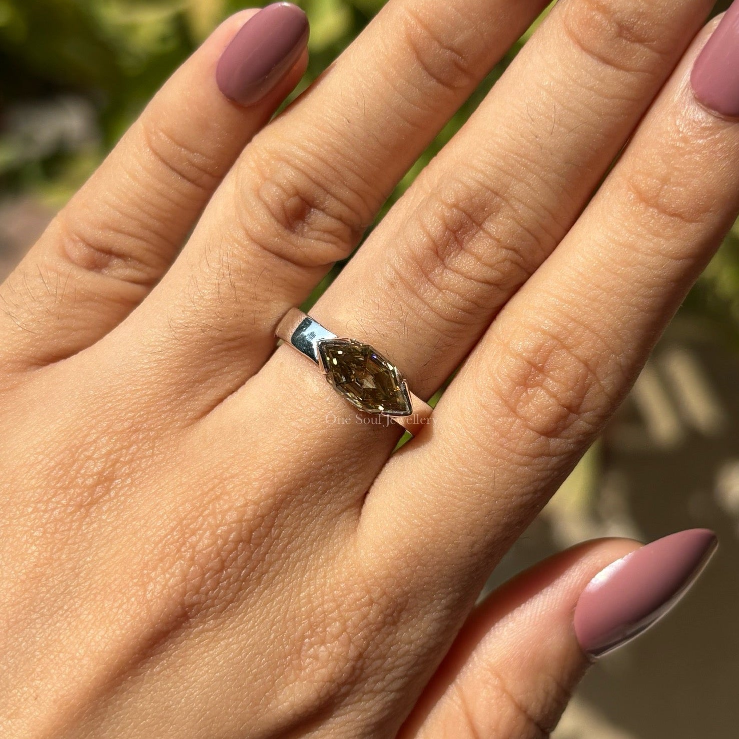 2.00 CT Dutch Marquise Yellow Moissanite Engagement Ring, East West Set Wedding Ring, Half Bezel Solitaire Ring, Wide Band Ring, V Prong