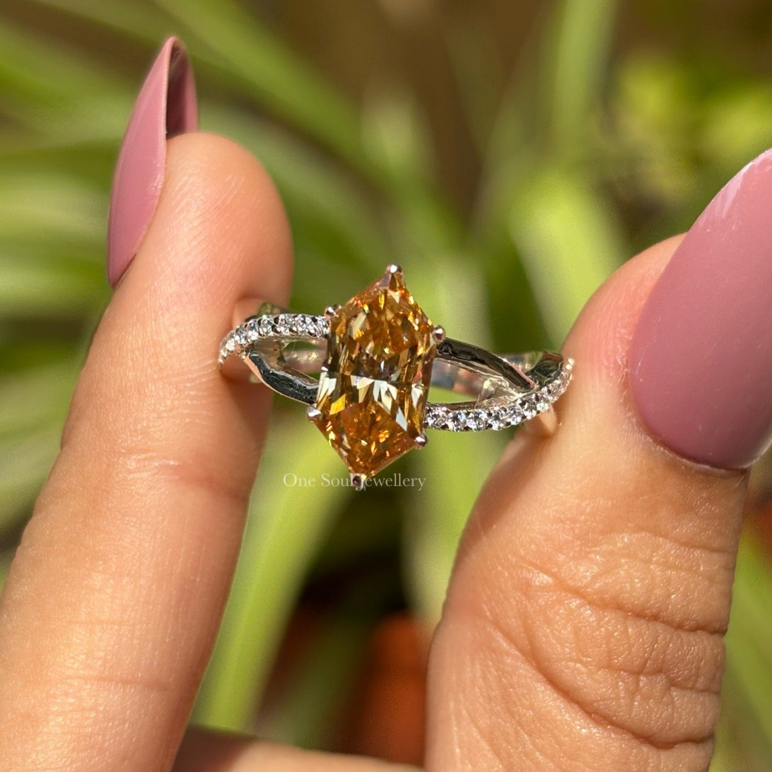 Dutch Marquise Cut 2.00 CT Champagne Moissanite Engagement Ring, Twisted Shank Accent Wedding Ring, Claw Prongs, Rings for Women