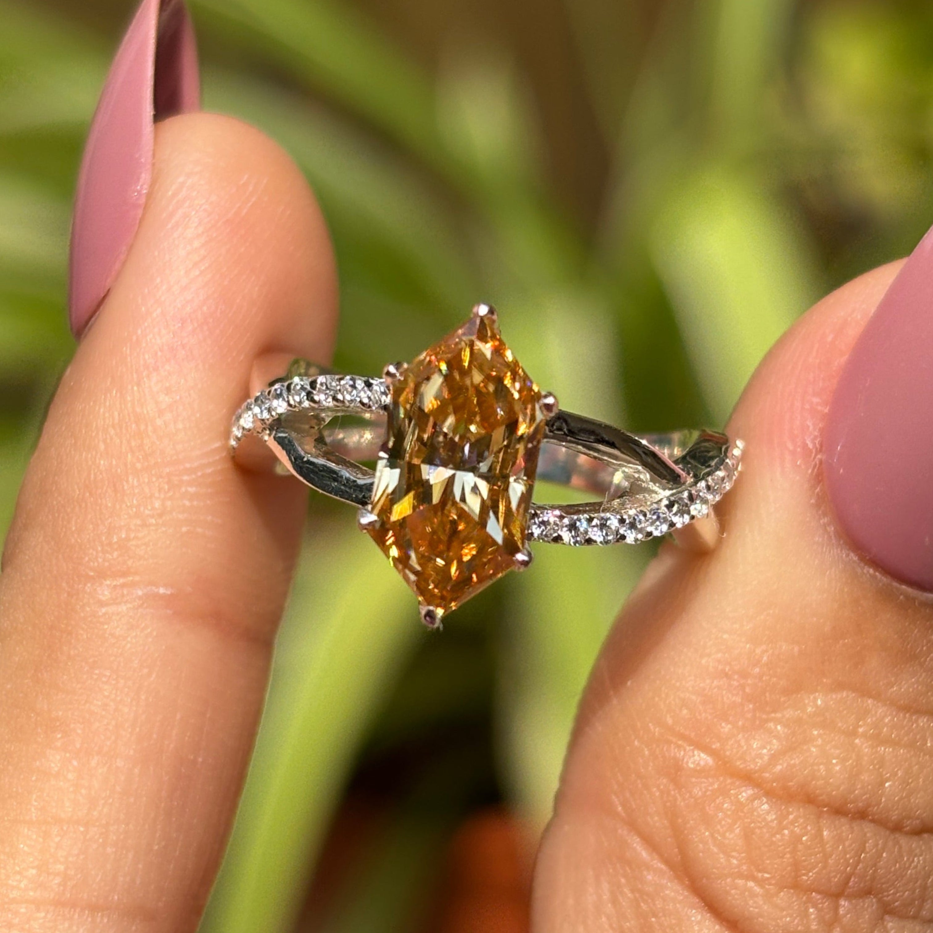 Dutch Marquise Cut 2.00 CT Champagne Moissanite Engagement Ring, Twisted Shank Accent Wedding Ring, Claw Prongs, Rings for Women