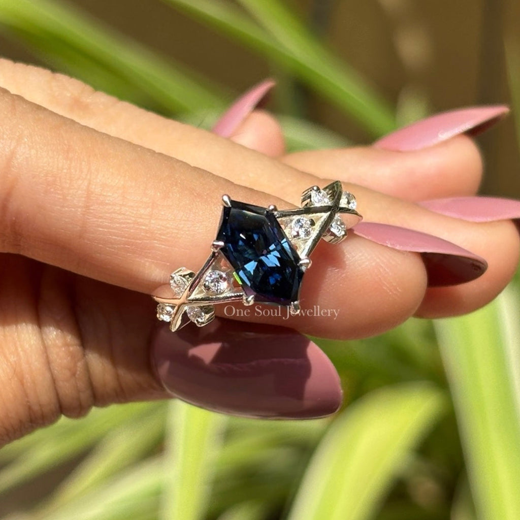 2.00 CT Dark Blue Dutch Marquise Moissanite Engagement Ring, Round Moissanite Accent Wedding Ring, Vintage 14K White Gold Ring for Women