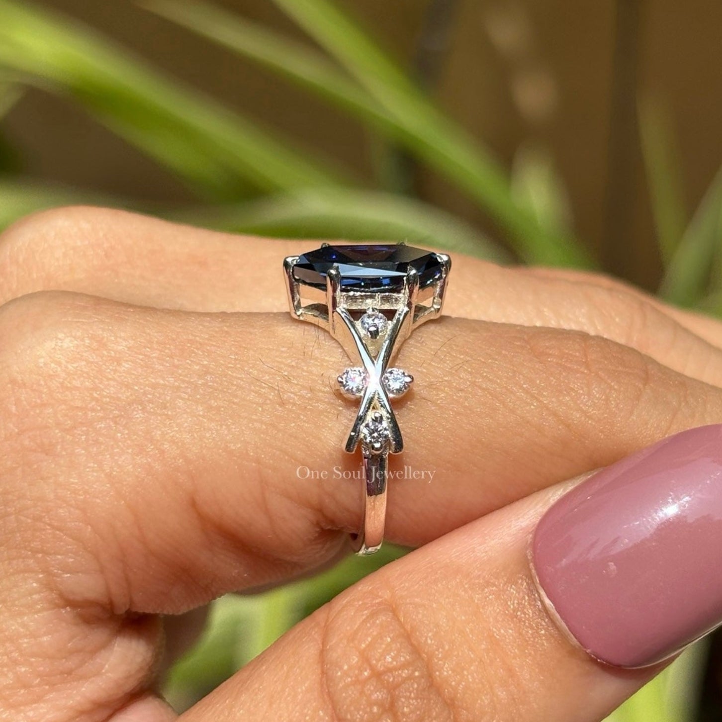 2.00 CT Dark Blue Dutch Marquise Moissanite Engagement Ring, Round Moissanite Accent Wedding Ring, Vintage 14K White Gold Ring for Women
