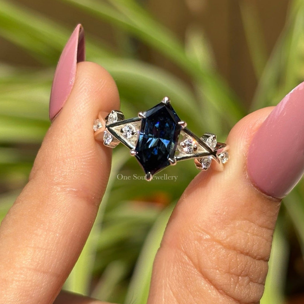 2.00 CT Dark Blue Dutch Marquise Moissanite Engagement Ring, Round Moissanite Accent Wedding Ring, Vintage 14K White Gold Ring for Women