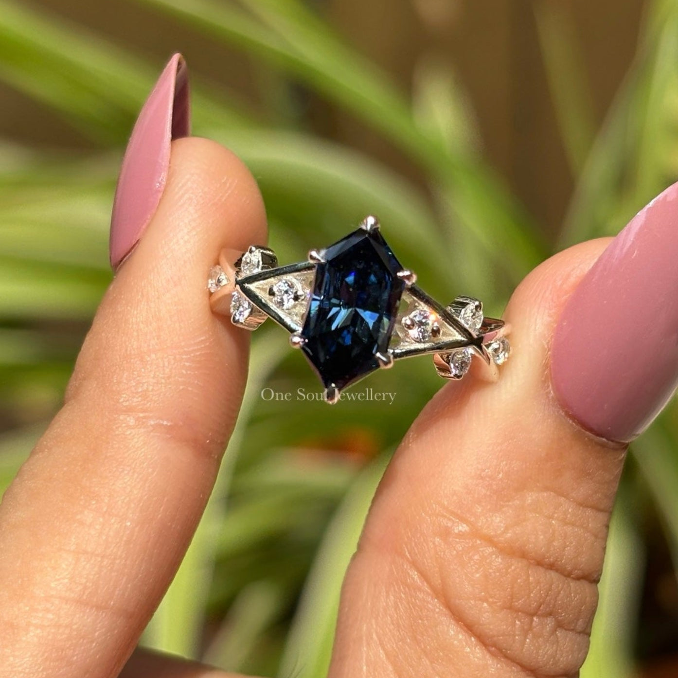 2.00 CT Dark Blue Dutch Marquise Moissanite Engagement Ring, Round Moissanite Accent Wedding Ring, Vintage 14K White Gold Ring for Women