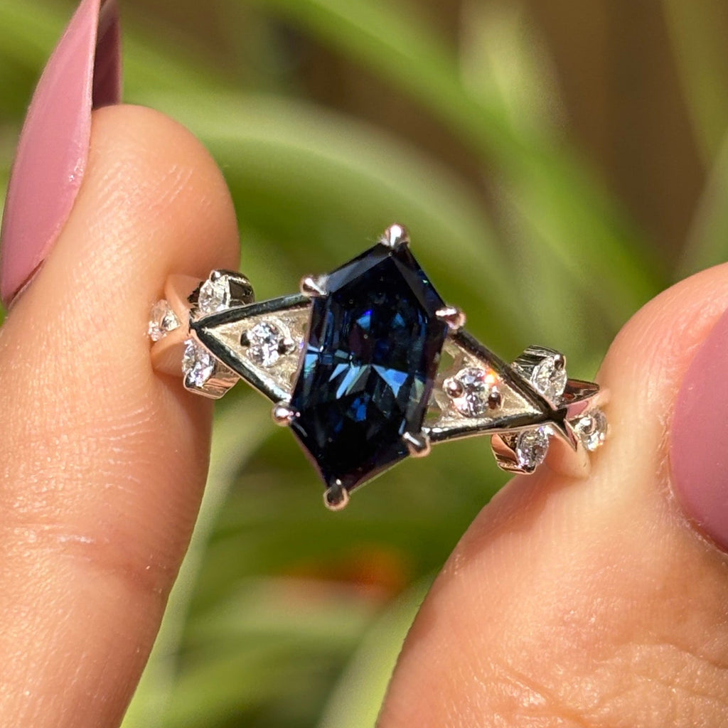 2.00 CT Dark Blue Dutch Marquise Moissanite Engagement Ring, Round Moissanite Accent Wedding Ring, Vintage 14K White Gold Ring for Women