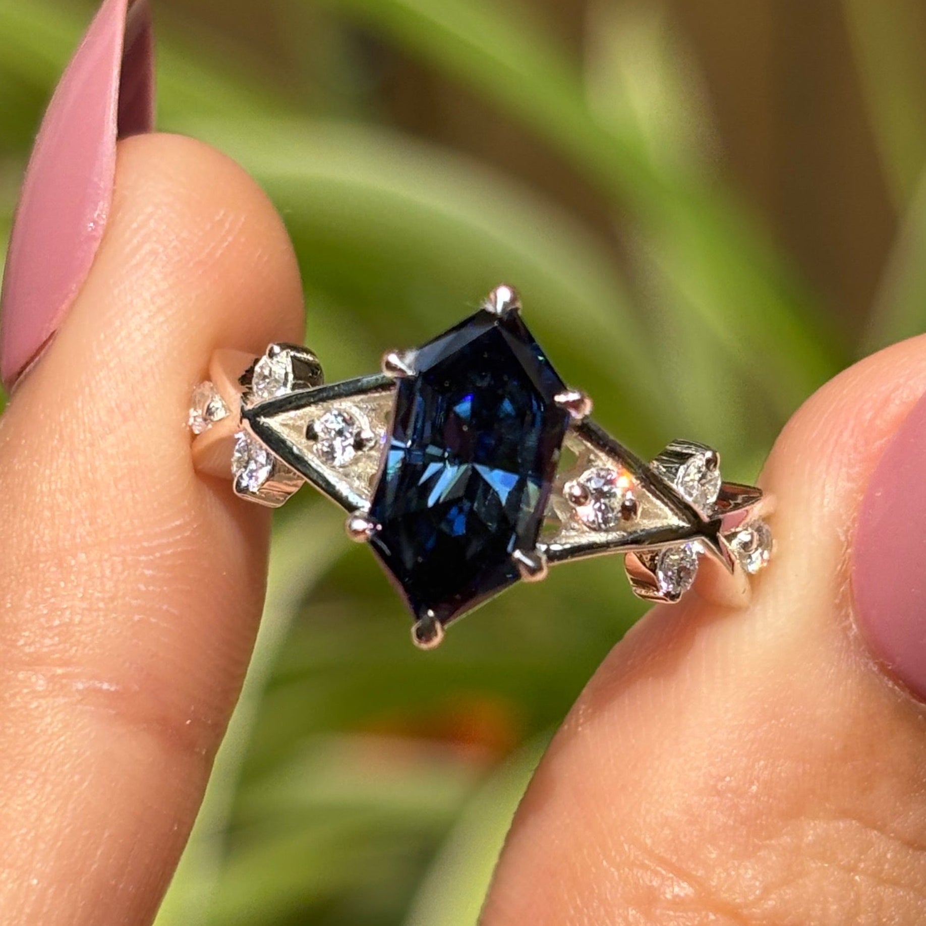 2.00 CT Dark Blue Dutch Marquise Moissanite Engagement Ring, Round Moissanite Accent Wedding Ring, Vintage 14K White Gold Ring for Women