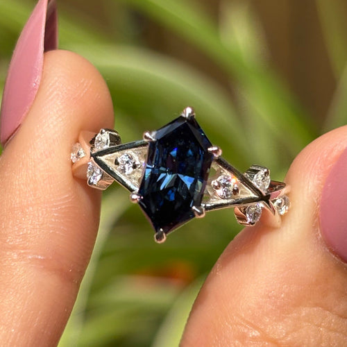 2.00 CT Dark Blue Dutch Marquise Moissanite Engagement Ring, Round Moissanite Accent Wedding Ring, Vintage 14K White Gold Ring for Women