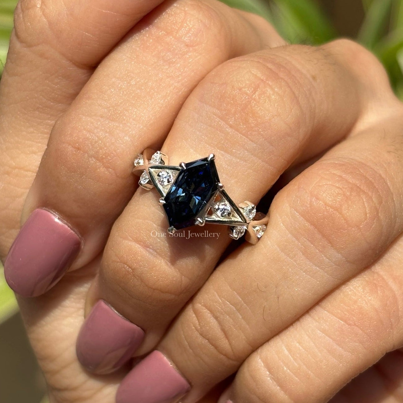 2.00 CT Dark Blue Dutch Marquise Moissanite Engagement Ring, Round Moissanite Accent Wedding Ring, Vintage 14K White Gold Ring for Women