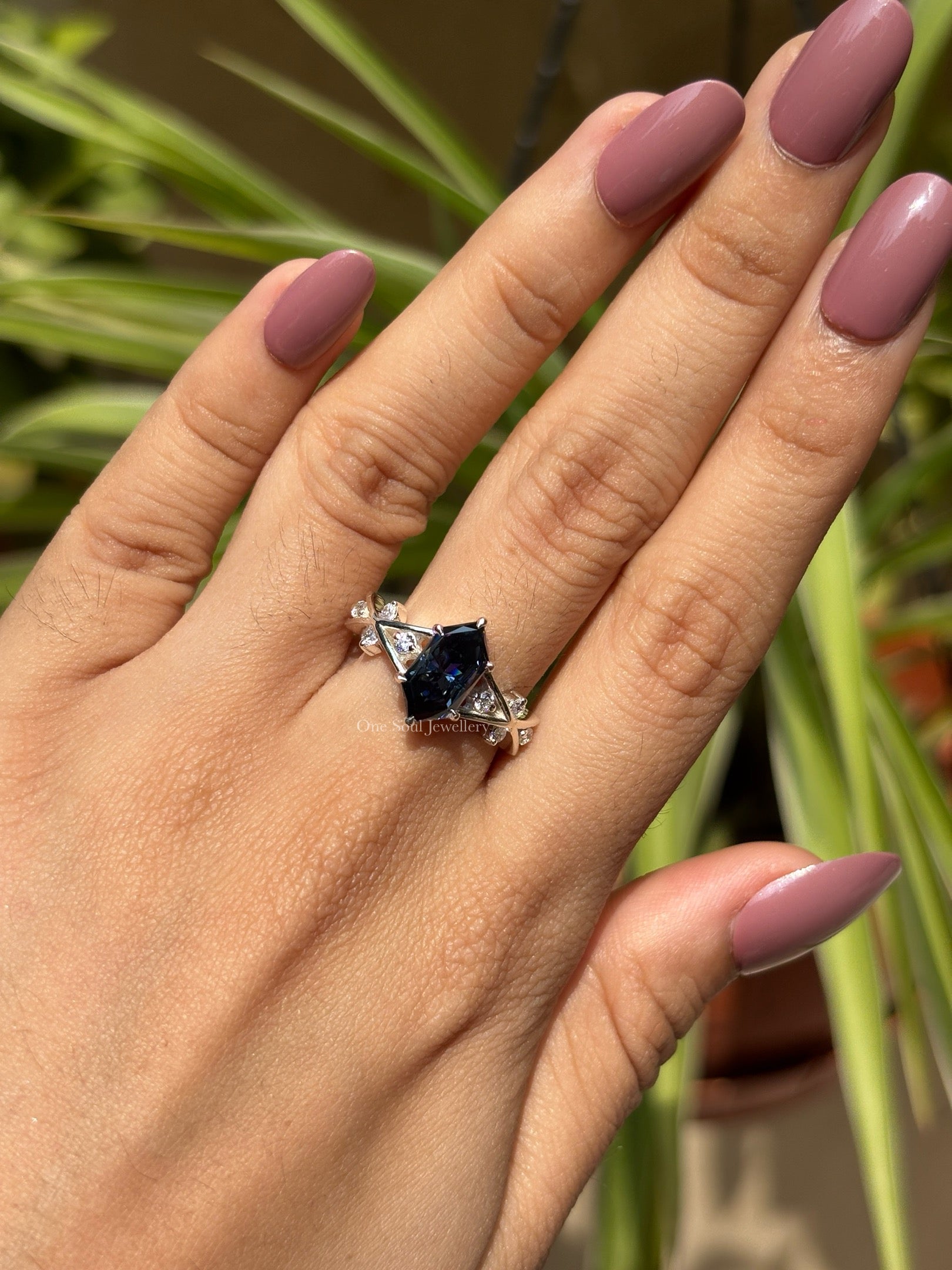 2.00CT Dark Blue Dutch Marquise Moissanite Engagement Ring, Round Moissanite Accent Wedding Ring, Vintage 14K Ring