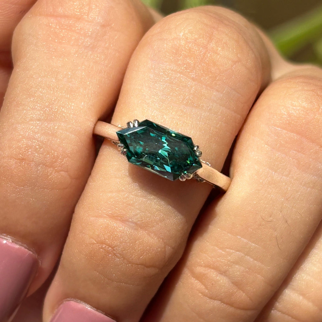 2.00 CT Dutch Marquise Dark Green Moissanite Engagement Ring, East to West Hidden Halo Wedding Ring, Pave Set Bridge, Vintage Marquise Rings