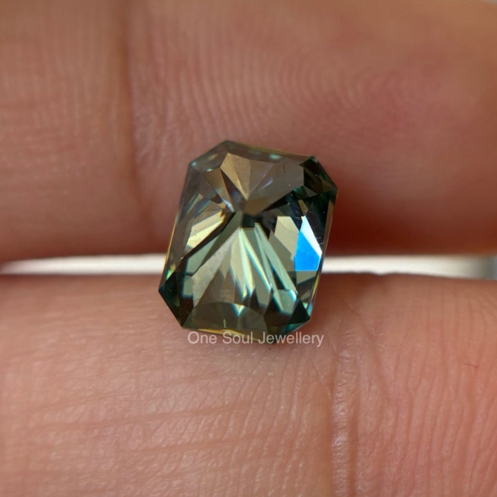 2.00 CT Green Blue Radiant Cut Moissanite for Engagement Ring, Antique Radiant Cut, Handmade Moissanite Gemstone for Gift Sparkling Gemstone