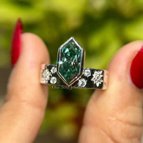 2.00 CT Blue Green Dutch Marquise Moissanite Engagement Ring, Bezel Set Wedding Ring, 14K White Gold Thick Band Ring, Unique Starburst Band