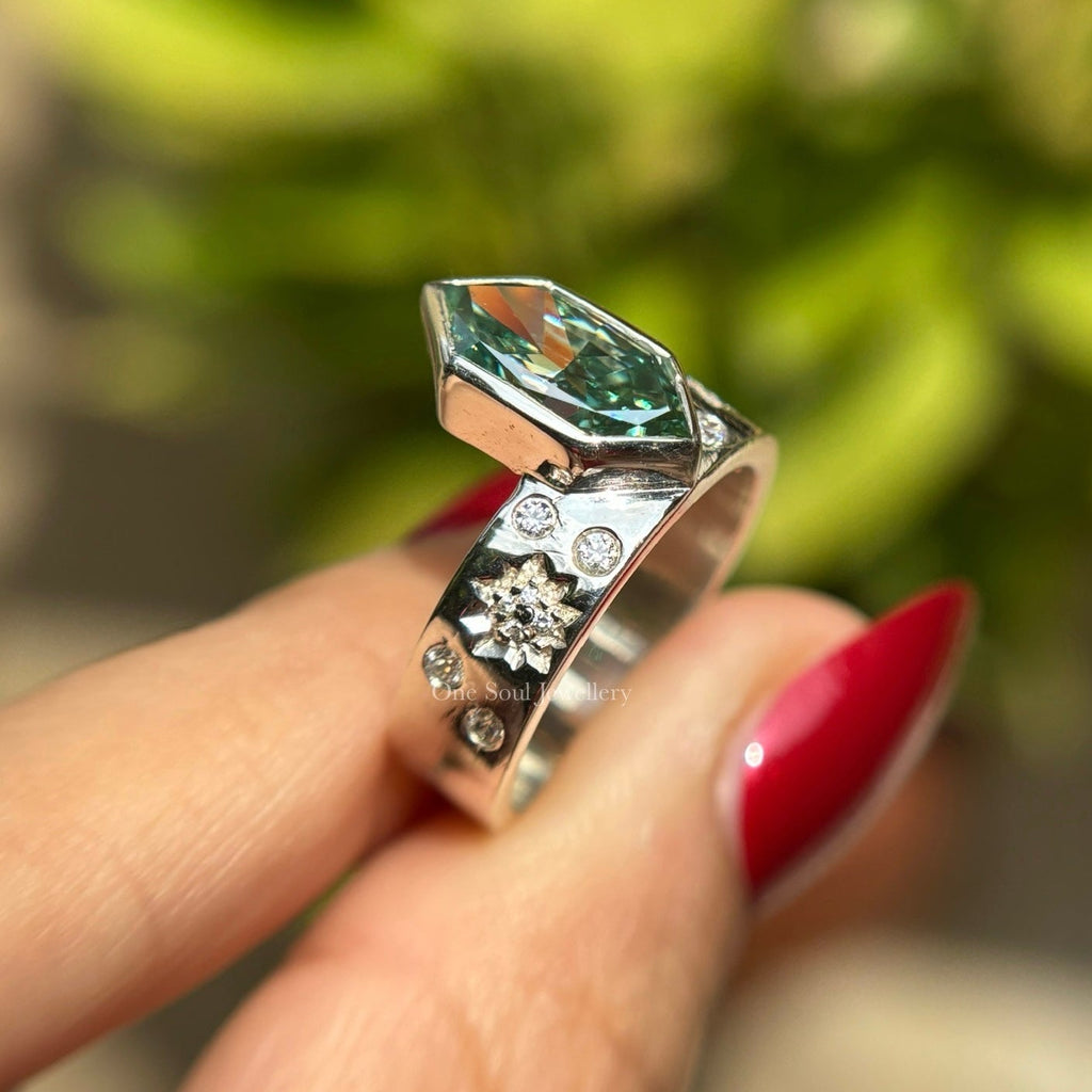 2.00 CT Blue Green Dutch Marquise Moissanite Engagement Ring, Bezel Set Wedding Ring, 14K White Gold Thick Band Ring, Unique Starburst Band