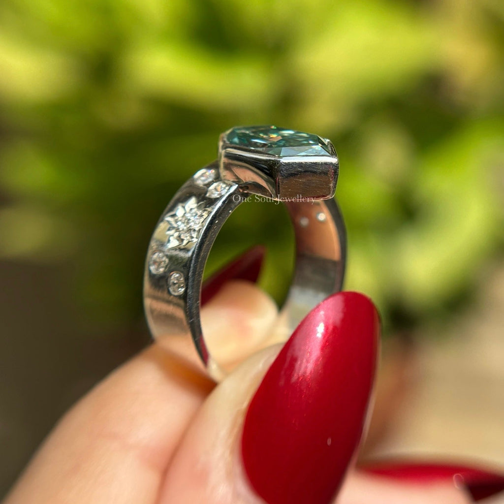 2.00 CT Blue Green Dutch Marquise Moissanite Engagement Ring, Bezel Set Wedding Ring, 14K White Gold Thick Band Ring, Unique Starburst Band