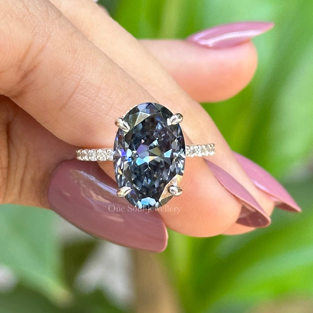Oval Engagement Ring, Dark Grey Moissanite Diamond Wedding Ring, Hidden Halo Ring, Pave Set Solitaire Ring, Proposal Ring, Anniversary Gifts