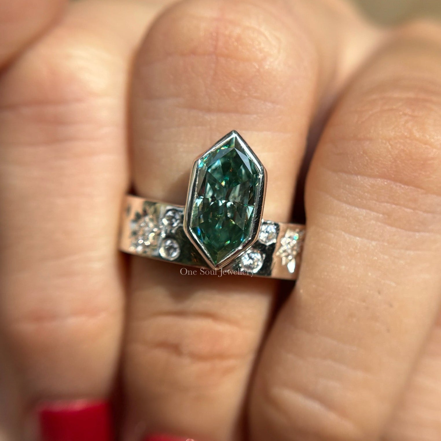 2.00 CT Blue Green Dutch Marquise Moissanite Engagement Ring, Bezel Set Wedding Ring, 14K White Gold Thick Band Ring, Unique Starburst Band