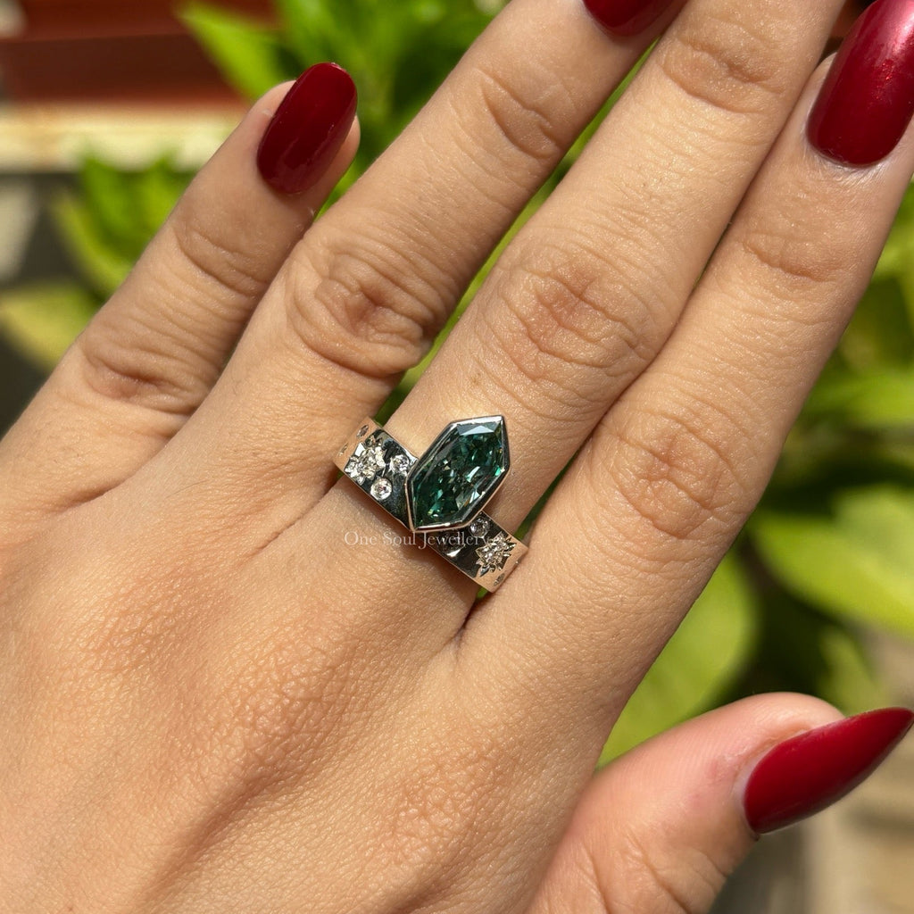 2.00 CT Blue Green Dutch Marquise Moissanite Engagement Ring, Bezel Set Wedding Ring, 14K White Gold Thick Band Ring, Unique Starburst Band