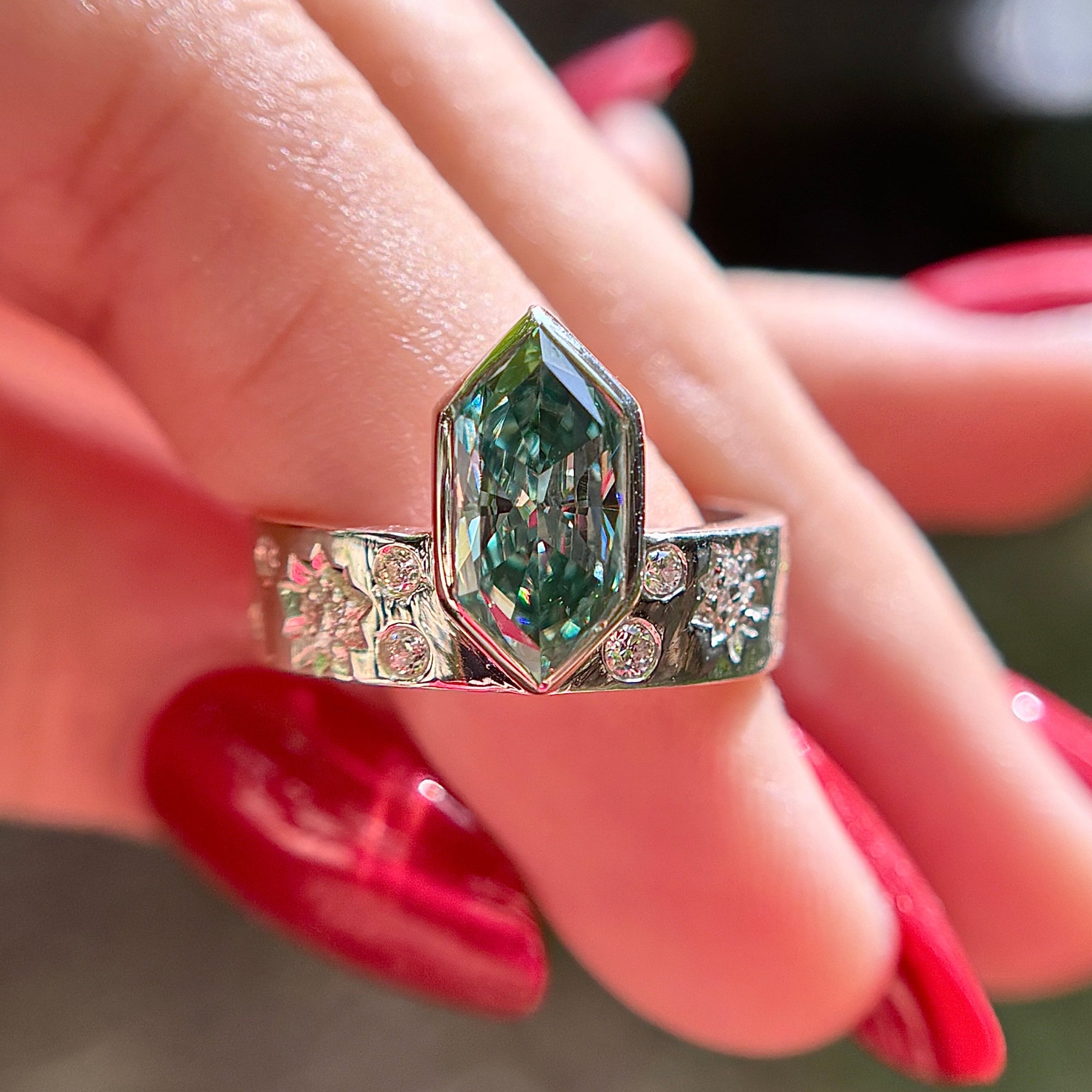 2.00 CT Blue Green Dutch Marquise Moissanite Engagement Ring, Bezel Set Wedding Ring, 14K White Gold Thick Band Ring, Unique Starburst Band