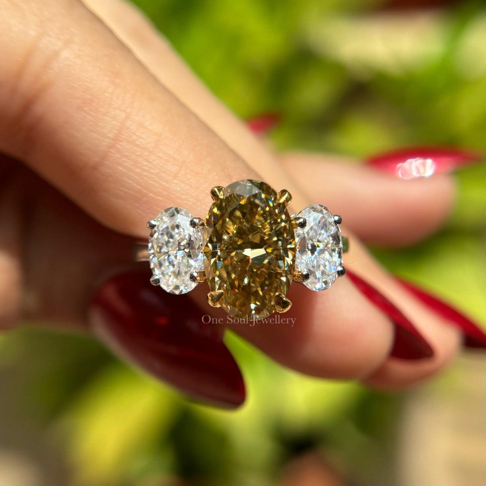 5.30 TCW Oval Cut Yellow Moissanite Engagement Ring, Three Stone Wedding Ring with Oval Accents, Two Tone Bridal Ring, Propose Ring