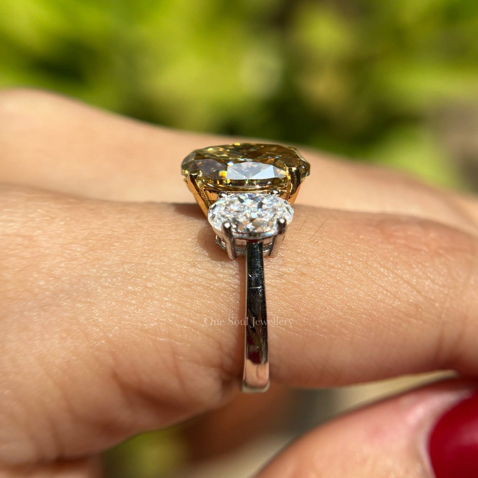 5.30 TCW Oval Cut Yellow Moissanite Engagement Ring, Three Stone Wedding Ring with Oval Accents, Two Tone Bridal Ring, Propose Ring