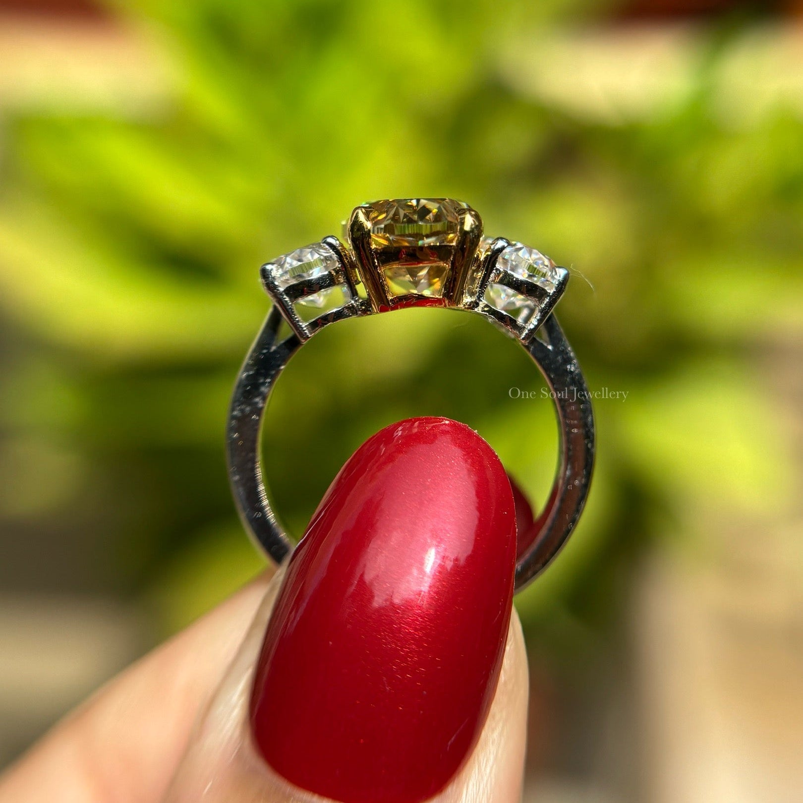 5.30 TCW Oval Cut Yellow Moissanite Engagement Ring, Three Stone Wedding Ring with Oval Accents, Two Tone Bridal Ring, Propose Ring