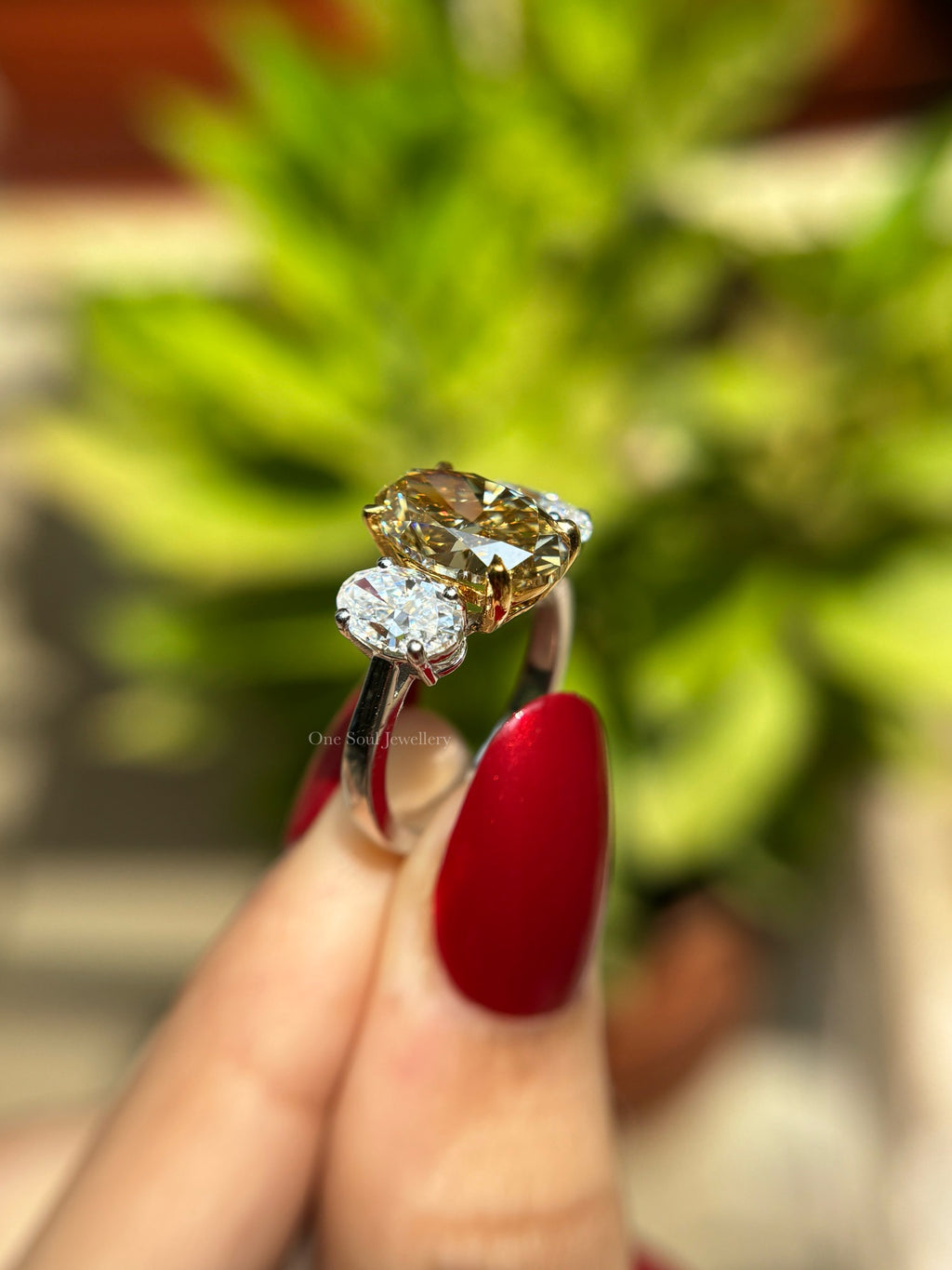 Canary Yellow Oval Moissanite Three Stone Engagement Ring, Dual Tone, 14K Solid Gold Wedding Ring, Trilogy Ring