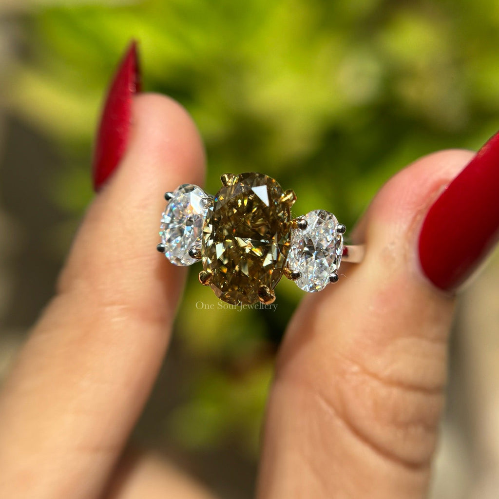 5.30 TCW Oval Cut Yellow Moissanite Engagement Ring, Three Stone Wedding Ring with Oval Accents, Two Tone Bridal Ring, Propose Ring