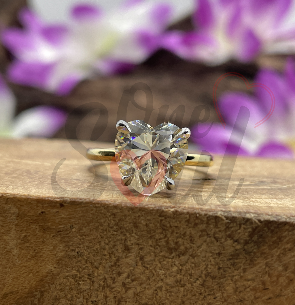 3ct heart cut colorless moissanite solitaire engagement ring in 14K yellow gold — 4-prong handcrafted fine jewelry