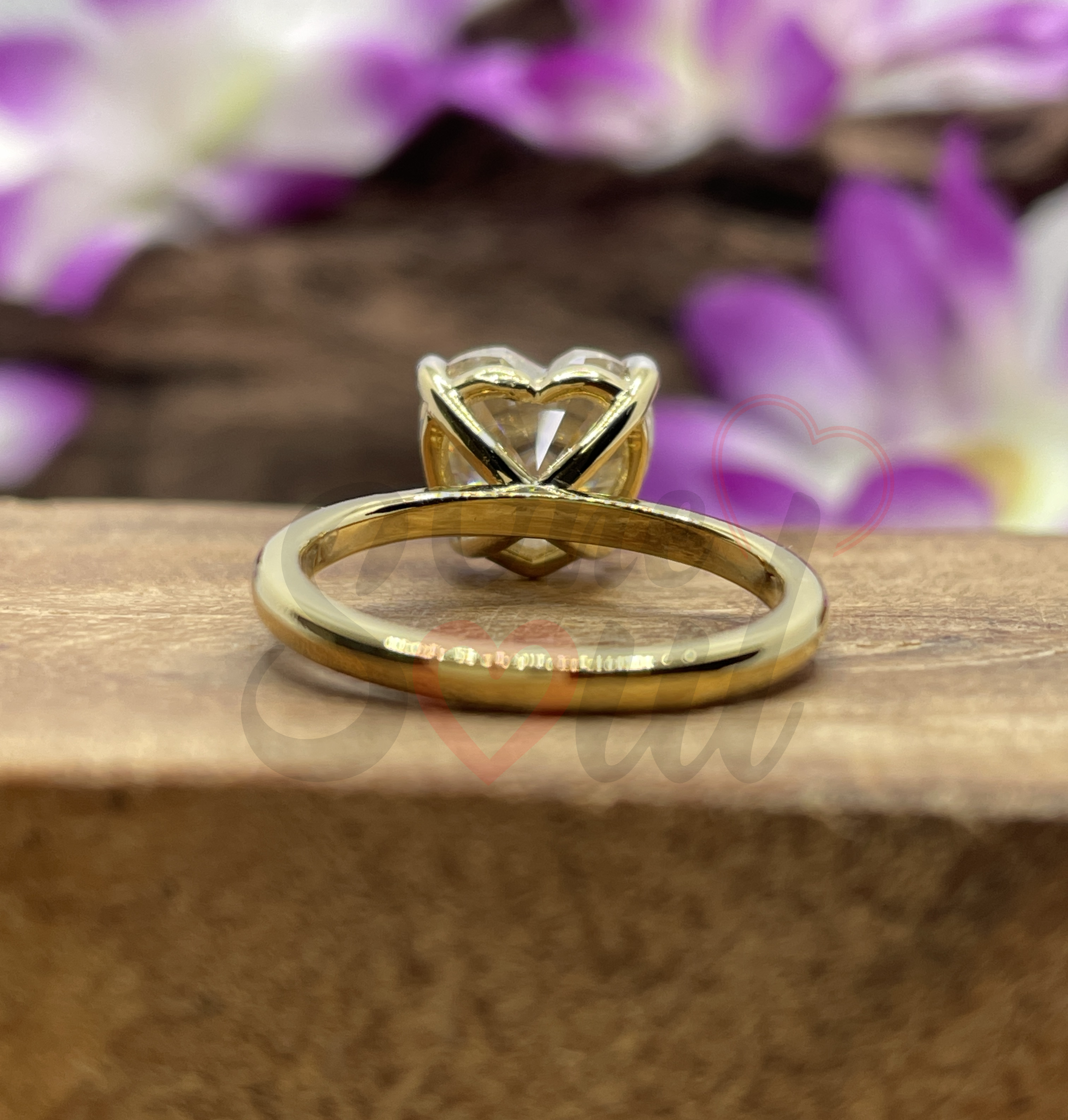 3ct heart cut colorless moissanite solitaire engagement ring in 14K yellow gold — 4-prong handcrafted fine jewelry