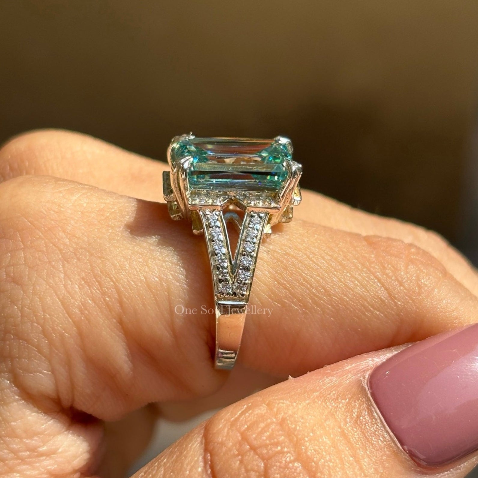 5.00 CT Cyan Blue Criss Cut Moissanite Engagement Ring, Emerald Cut Halo Ring with Pave Split Shank, Double Claw Prongs, Proposal Ring