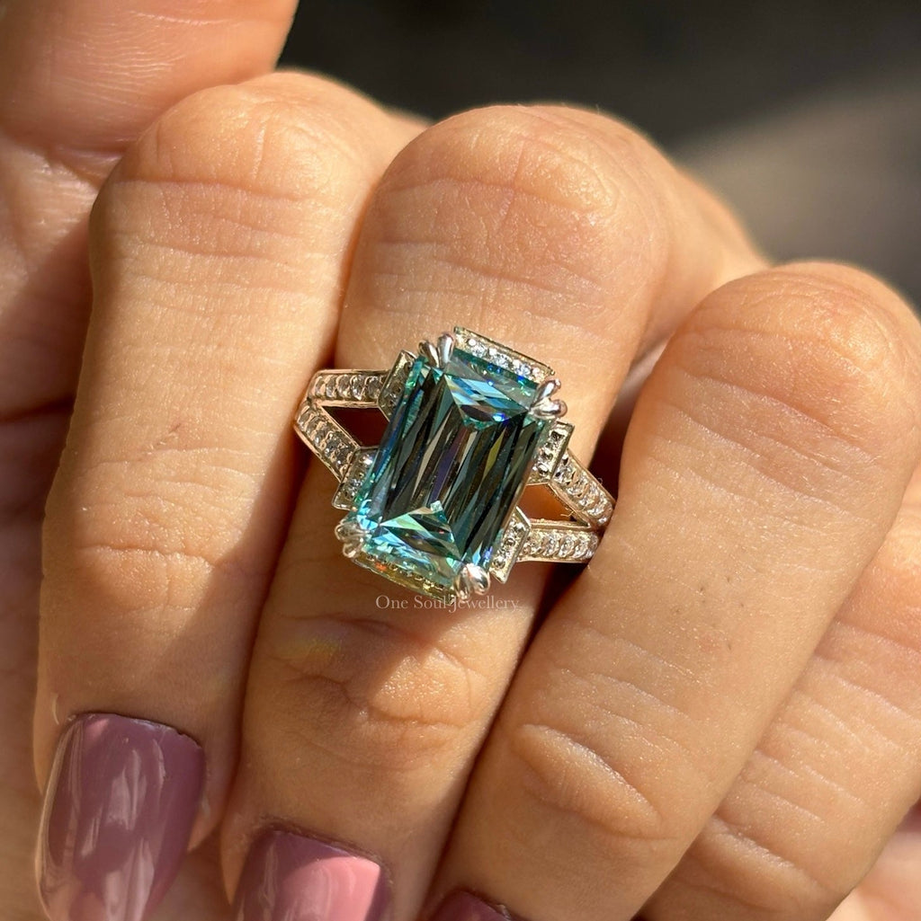 5.00 CT Cyan Blue Criss Cut Moissanite Engagement Ring, Emerald Cut Halo Ring with Pave Split Shank, Double Claw Prongs, Proposal Ring