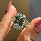5.00 CT Cyan Blue Criss Cut Moissanite Engagement Ring, Emerald Cut Halo Ring with Pave Split Shank, Double Claw Prongs, Proposal Ring