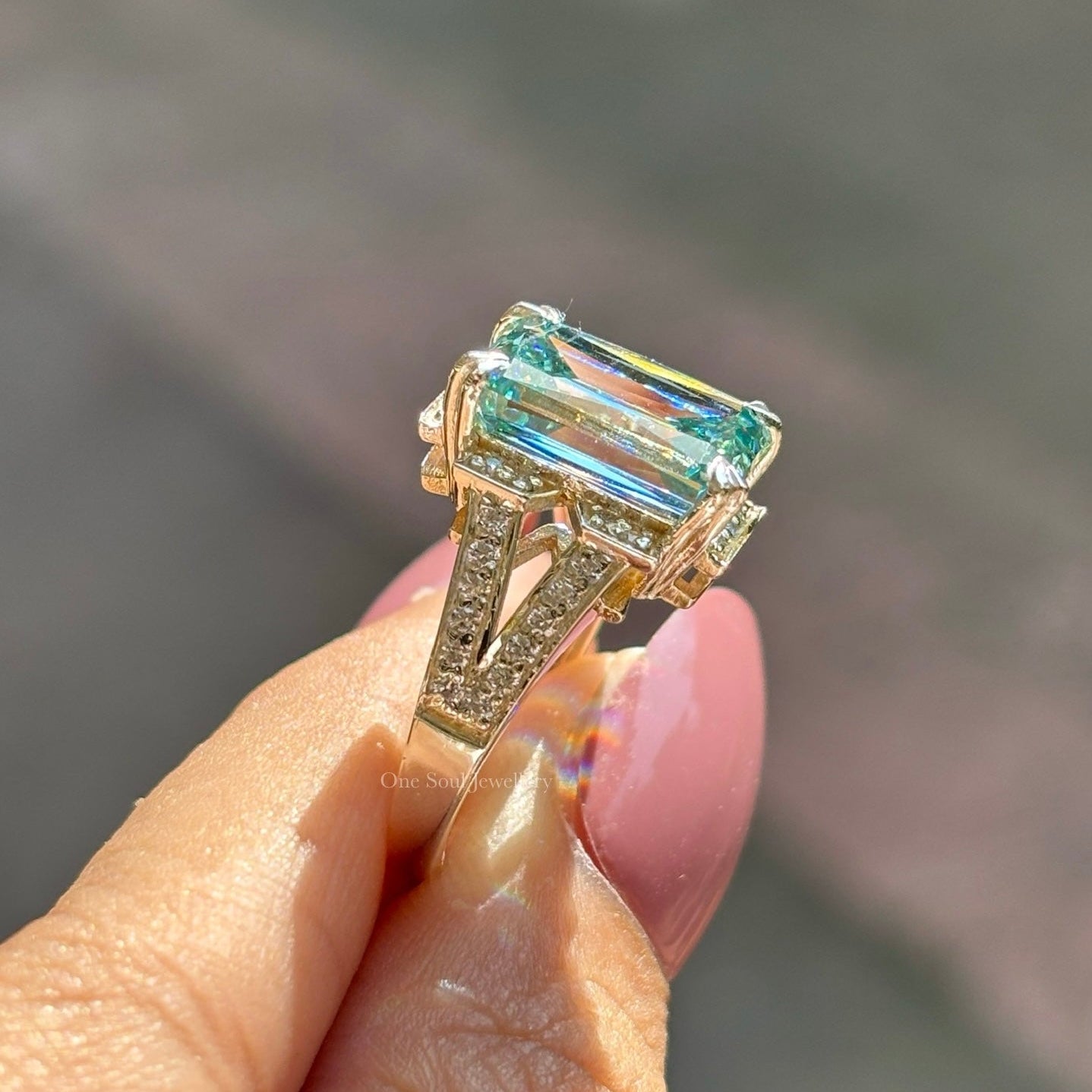 5.00 CT Cyan Blue Criss Cut Moissanite Engagement Ring, Emerald Cut Halo Ring with Pave Split Shank, Double Claw Prongs, Proposal Ring