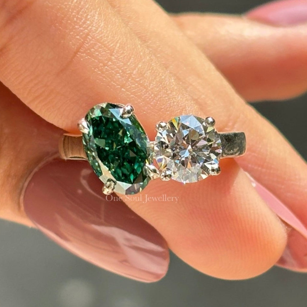 Toi Et Moi Ring, 3.00 CTW Oval Dark Green and Round Moissanite Engagement Ring, Two Stone Wedding Ring, You & Me Proposal Ring for Women