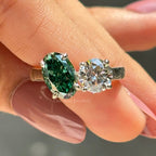 Toi Et Moi Ring, 3.00 CTW Oval Dark Green and Round Moissanite Engagement Ring, Two Stone Wedding Ring, You & Me Proposal Ring for Women