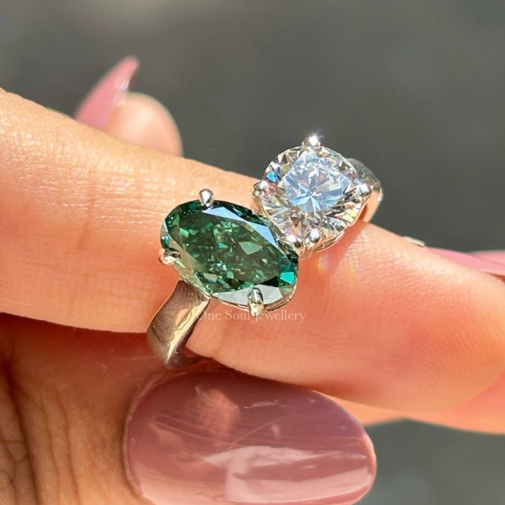 Toi Et Moi Ring, 3.00 CTW Oval Dark Green and Round Moissanite Engagement Ring, Two Stone Wedding Ring, You & Me Proposal Ring for Women