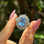 Vintage Oval Cut Aquamarine Engagement Halo Ring, Floral Style Gemstone Wedding Ring, Bezel Setting, Art Deco Ring, Antique Cluster Ring