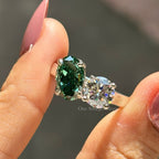 Toi Et Moi Ring, 3.00 CTW Oval Dark Green and Round Moissanite Engagement Ring, Two Stone Wedding Ring, You & Me Proposal Ring for Women