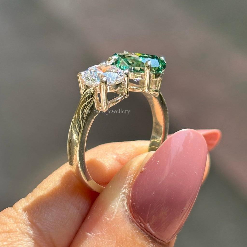 Toi Et Moi Ring, 3.00 CTW Oval Dark Green and Round Moissanite Engagement Ring, Two Stone Wedding Ring, You & Me Proposal Ring for Women