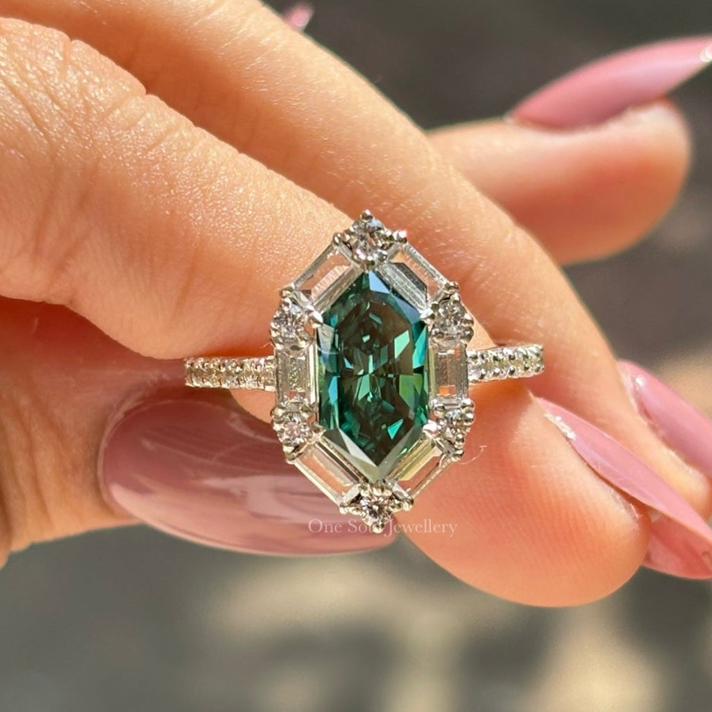 Dutch Marquise Cut Moissanite Engagement Ring, 2.00 CT Dark Green Marquise Halo Wedding Ring, Halo Baguette & Round, Pave Set Proposal Ring