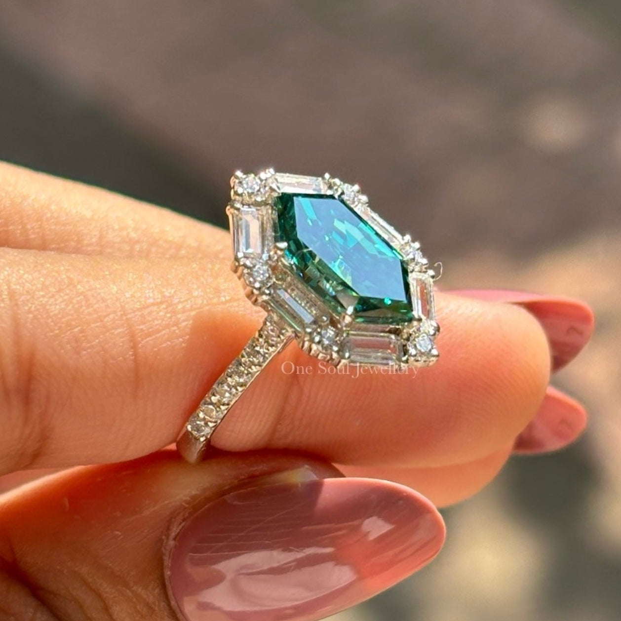 Dutch Marquise Cut Moissanite Engagement Ring, 2.00 CT Dark Green Marquise Halo Wedding Ring, Halo Baguette & Round, Pave Set Proposal Ring