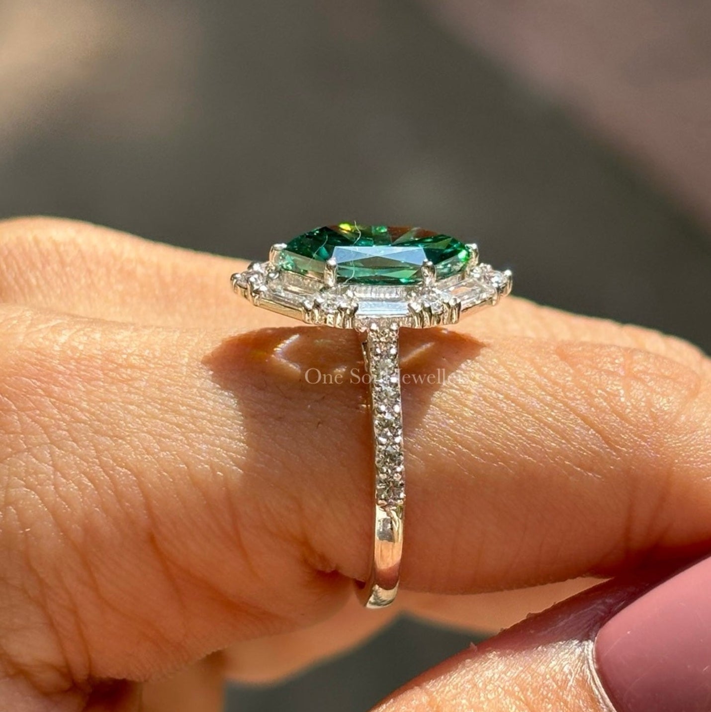 Dutch Marquise Cut Moissanite Engagement Ring, 2.00 CT Dark Green Marquise Halo Wedding Ring, Halo Baguette & Round, Pave Set Proposal Ring